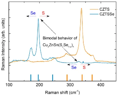 Figure 28: Raman spectra of pure CZTS and CZTSSe with 90% selenium layers. Main peaks of CZTS and CZTSe  [15] are reported