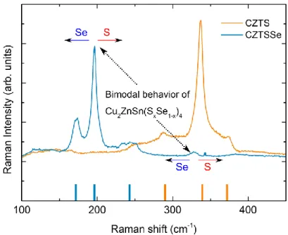 Figure 28: Raman spectra of pure CZTS and CZTSSe with 90% selenium layers. Main peaks of CZTS and CZTSe  [15] are reported