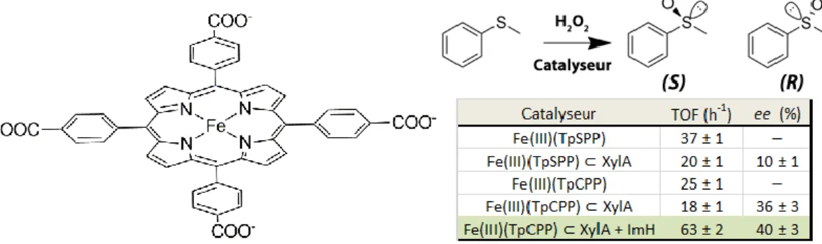 Figure 42 :  Porphyrine Fe(III)(TpCPP) insérée au sein de la xylanase A et réaction catalysée (selon 