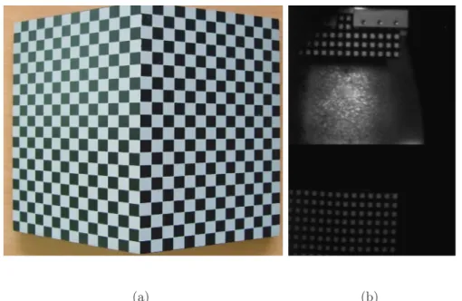 Figure 3: Calibration target (a) and its positioning on the experimental stage (b). The centers of the white squares are automatically detected after a local thresholding and a calculation of the barycenters of the detected related components