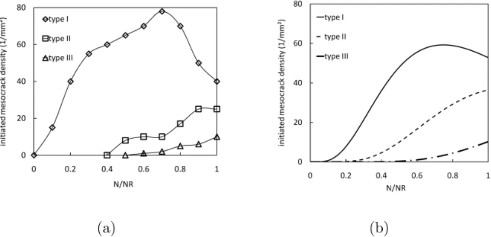 Figure 11: (a) Experimental results for multiple initiation of microcracks (type I), short mesocracks (type II) and mesocracks (type III) after Bataille and Magnin (Bataille and Magnin, 1994)