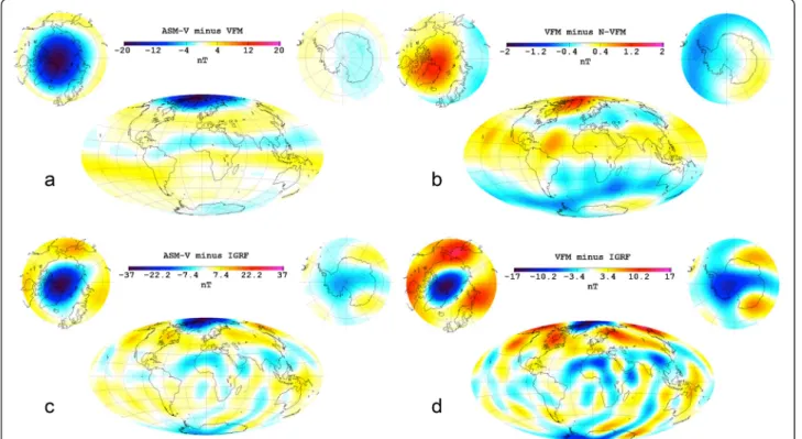 Fig. 5 Geographical differences between 2015.0 epoch models. Differences in the B r components, when comparing the following: a the ASM-V 2015.0 IGRF candidate and VFM 2015.0 auxiliary models, b the VFM 2015.0 and N-VFM 2015.0 auxiliary models, c the ASM-V