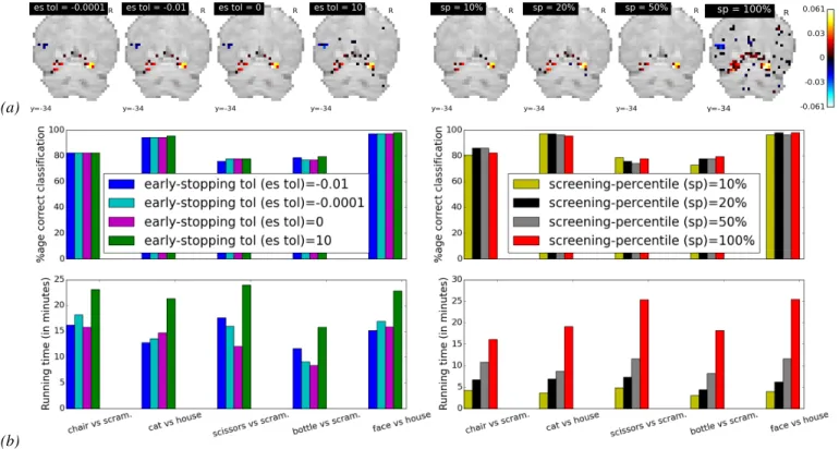 Fig. 3. Visual recognition dataset [9]. (a): Weights maps for the Face vs House contrast, for different the early-stopping and univariate feature-screening thresholds