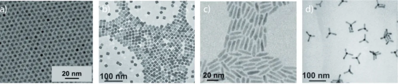 Figure I.1 – Transmission electron micrography of nanocrystals of different shapes a) CdSe spherical nanocrystals (‘nanodots’); b) PbSe nanocubes; c) CdSe/CdS nanorods; d) CdTe tetrapods