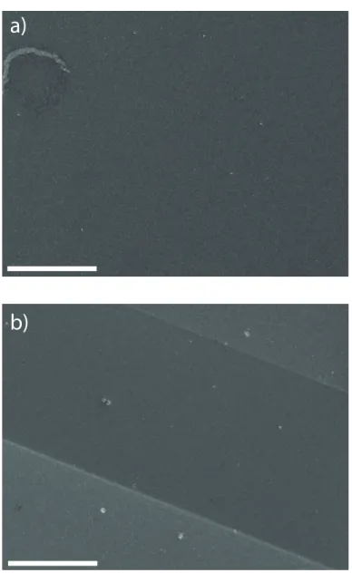 Figure II.5 – Nanocrystals thin films made by doctor blading a) on ITO: one still sees the characteristic structures of the ITO surface (the peak-to-valley roughness of the ITO substrate ranges around 30 nm)