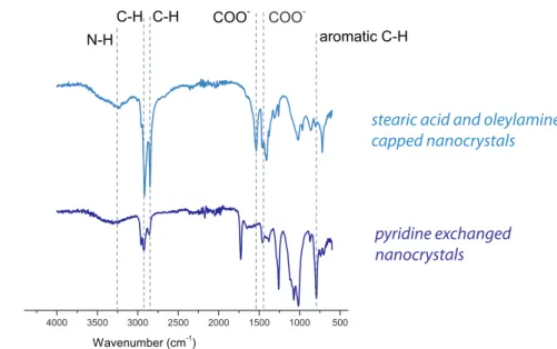 Figure II.9 – FTIR spectra of 4.1 nm nanocrystals before and after solution-phase pyridine exchange in solution.