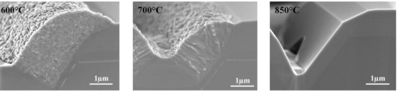 Figure 17 : Images MEB de dépôts de silicium réalisés à différentes températures sur le type de  plaque P2