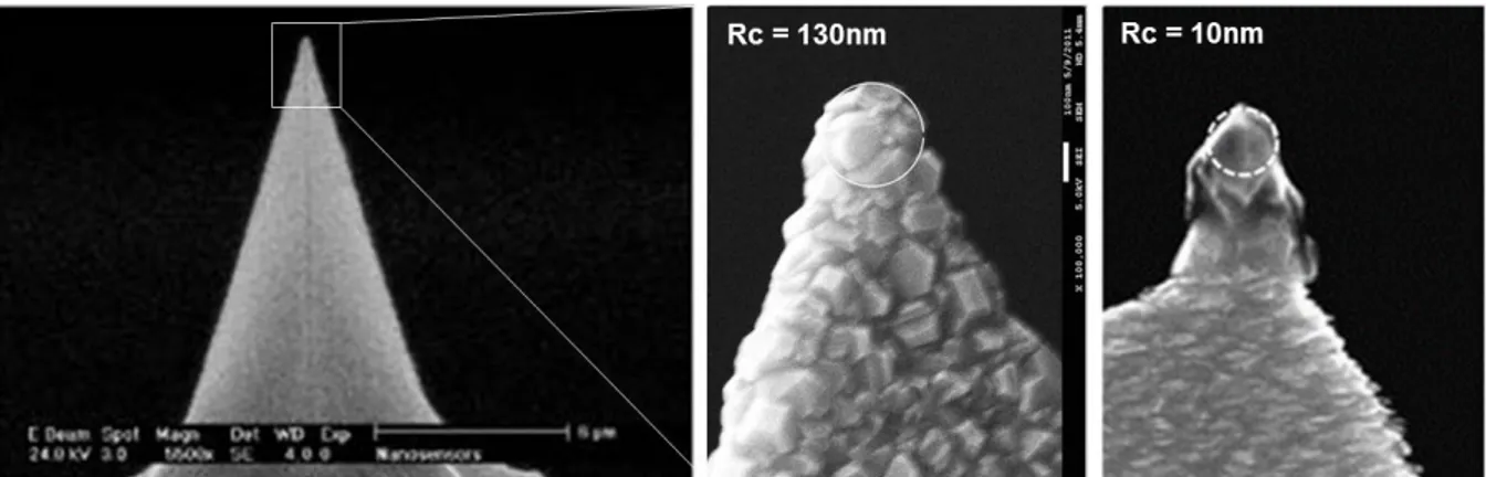 Figure 2.5: Image MEB d’une pointe en silicium avec revêtement diamant (a). Le zoom met en évidence le  caractère poly-cristallin du revêtement diamant (b)