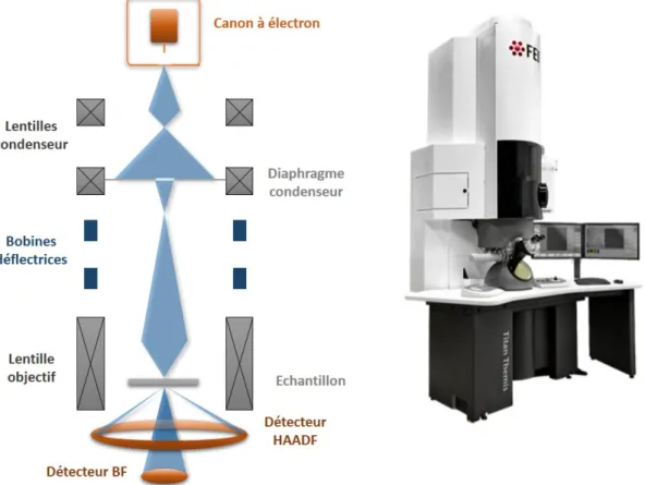 Figure 3.1  Schéma du mode d'imagerie STEM et image du TEM FEI Titan Themis.