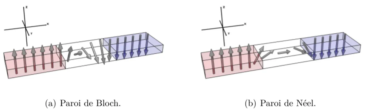 Figure 1.3 – Illustration d’une couche ferromagnétique brisée en deux domaines séparés par une paroi.