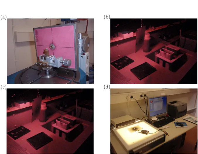 Figure 2.7: (a) X-ray experiment. (b) dark room with developer and fixer. (c). (d) digitizer table to identify the orientation with the software Orientexpress