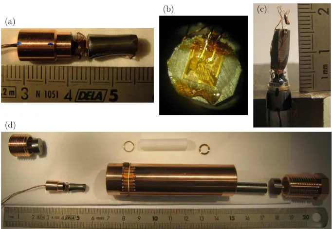 Figure 2.33: Experimental set up of two obturators (a) and (c) for two similar pressure cells (d)