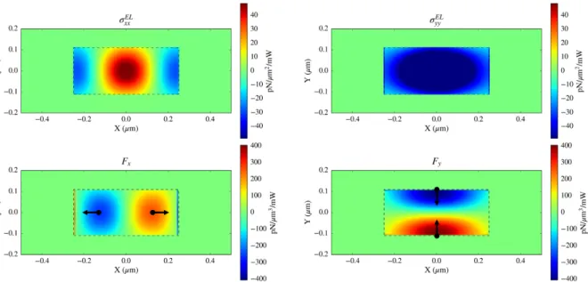 Figure III.5 – Time averaged electrostrictive stress tensor components and asso- asso-ciated force densities