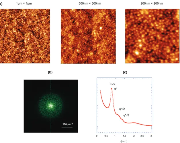 Figure II.6. Analyse de l’organisation du film de MH-b-PS avant recuit par   (a) AFM mode contraste de phase (b) TF de l’image AFM 1μm×1μm et (c) Spectre SAXS