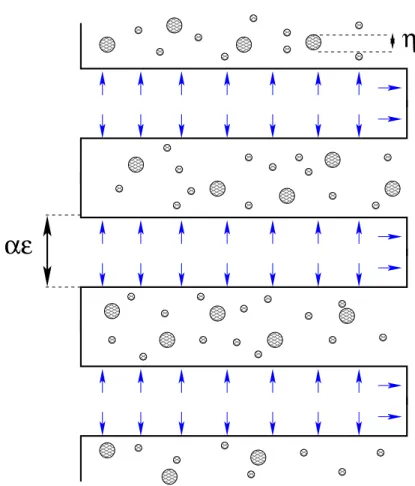 Figure 7: An example of a cracked heterogeneous medium.The medium is characterized by two length scales: αε corresponding to the width of the fractures on which an incoming flux is imposed (symbolized by the blue arrows), and η &lt;&lt; ε which is the scal