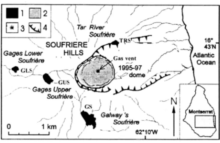 Figure  I.  Map of  Soufriere Hills  showing i:  the fumarolic  fields; 2: the 1995-97 lava dome, covering former Castle Peak  dome (dashed  contour);  3: the site of dome gas sampling (Feb