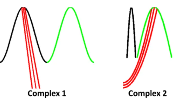 Fig. 1. Two shape complexes composed by a pseudo cortex, divided into a black and green area, and a red pseudo fiber bundle
