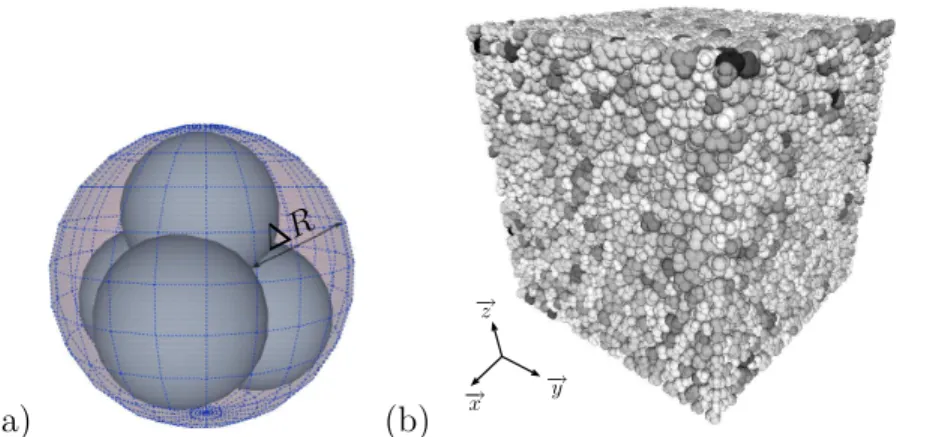 Figure 1: (a) Geometry of regular aggregate. (b) Map of particles pressure at the end of isotropic state for η = 0.4