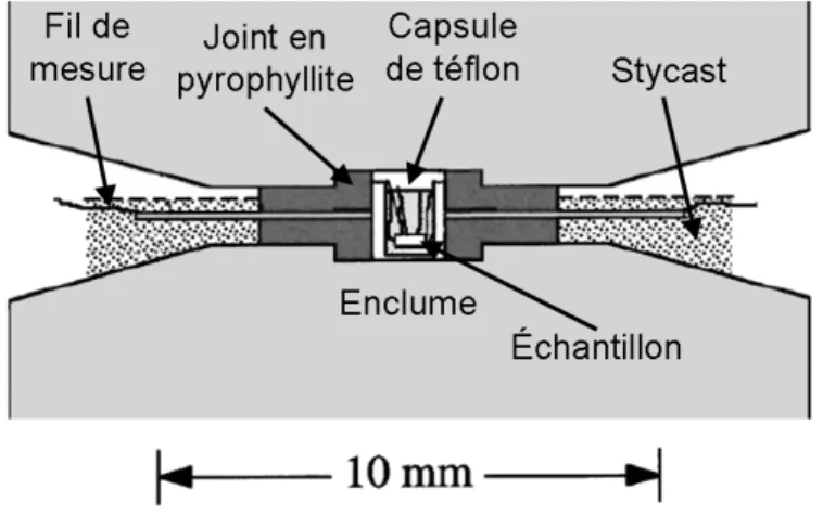 Fig. 2.1: Chambre et enclumes de la cellule de pression d´ evelopp´ ee par Nakanishi et al