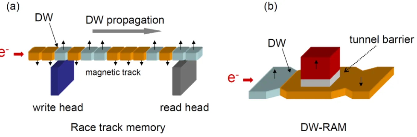Figure 1.5: Schematics of the device based on current induced DW motion: (a) the race track memory and (b) DW-RAM.
