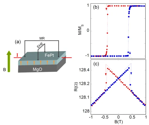 Figure 3.1: (a) Schematic of EHE and MR measurements configuration of the FePt thin film deposited on MgO substrate
