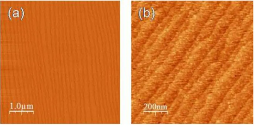 Fig. 3.2 : Image AFM en mode d´ eriv´ e d’une surface de Si(001) avant (a) et apr` es l’oxydation (b).