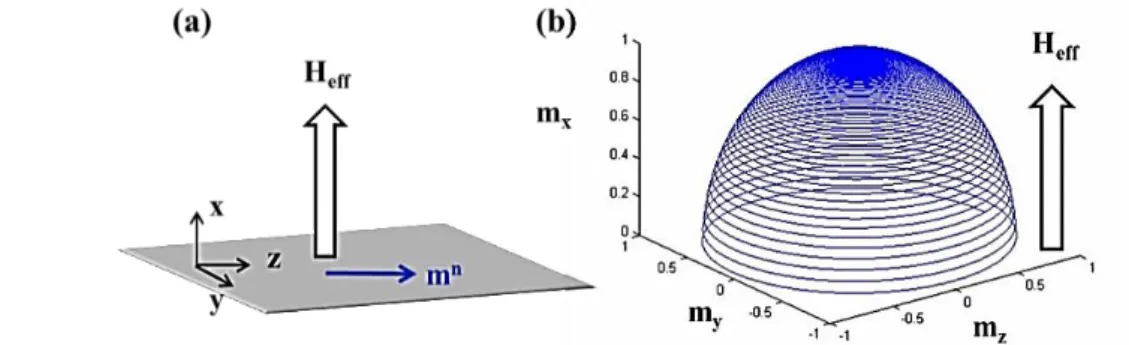 Figure III.5 : (a) Schéma d’un unique moment magnétique soumis à un champ effectif. (b) Représentation  de l’évolution temporelle des composantes de l’aimantation lors de l’application d’un champ effectif
