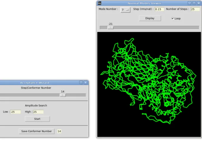 Figure 3.11 – “Normal Modes Wizard” : Menus suppl´ ementaires Dans les deux cas, la proc´ edure d´ ebute par le calcul du d´ eplacement de la structure le long d’un mode de vibration et se termine par la g´ en´ eration d’une s´ equence de conform` eres