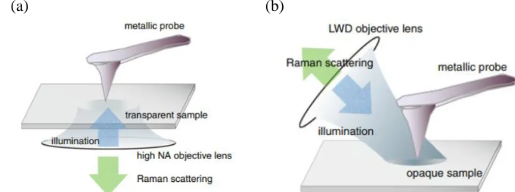 Figure  2.15.  Schematic  representation  of  Tip-Enhanced  Raman  Spectroscopy  in  two  configurations:  (a)  transmission for transparent samples and (b) reflection for opaque samples