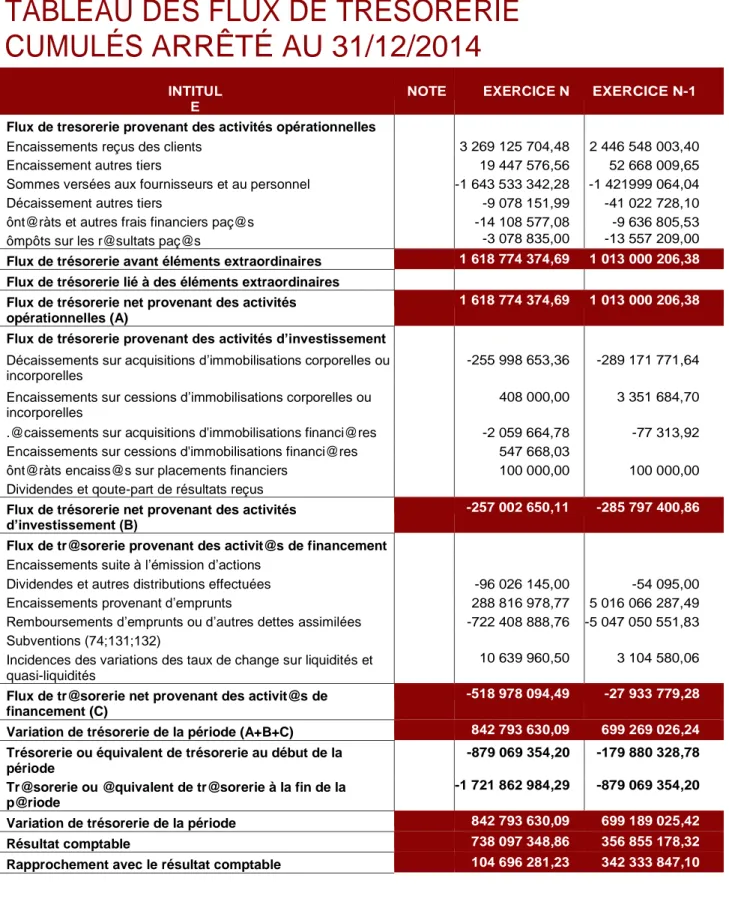 TABLEAU DES FLUX DE TRÉSORERIE  CUMULÉS ARRÊTÉ AU 31/12/2014 