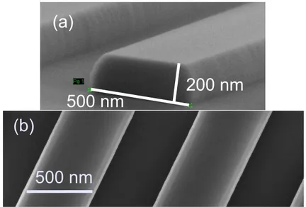 Fig. 1.6 – Images MEB de nanofils de silicium horizontaux obtenus à partir d’une couche de 200 nm d’épaisseur