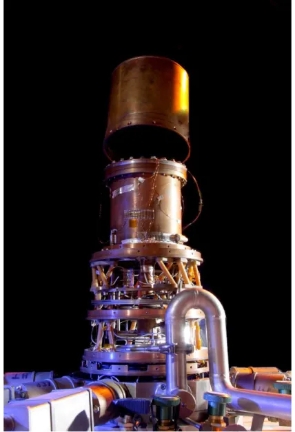 Figure 1.11 Photographie du cryostat Sionludi. On vi- vi-sualise les cinq étages sur lesquels sont fixés les écrans gigognes