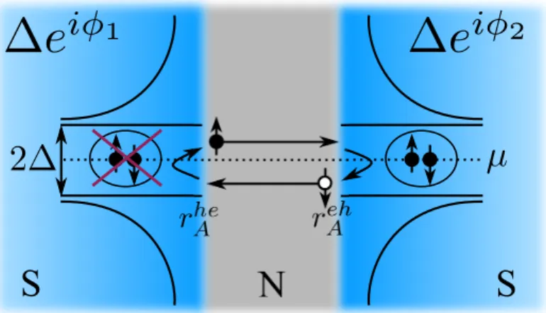 Fig. 2.3: Quasiclassical picture for the formation of Andreev bound states. A spin-up elelectron in the normal region (N) travelling to the right is Andreev reflected as a spin-down hole at the right superconductor (S), adding a Cooper pair to the condensa