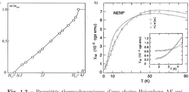 Fig. 1.3 – Propriétés thermodynamiques d’une chaîne Heisenberg AF uni- uni-forme de spins S = 1 : (a) Courbe d’aimantation (adaptée de Sakai [6]) ; (b) Susceptibilité magnétique mesurée dans le composé NENP [13].