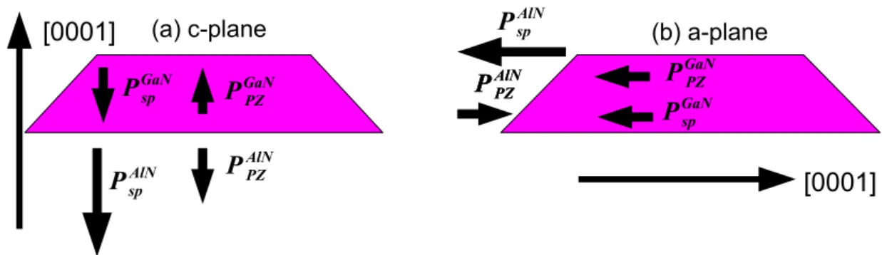 Figure 1.9: The different contributions to the polarization difference in c-plane (a) and a-plane QDs (b) grown on SiC [78]