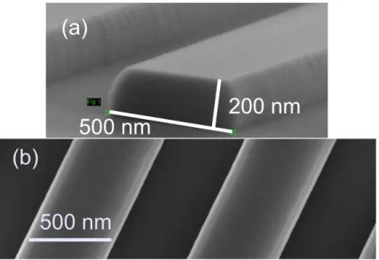 Fig. 1.6 – Images MEB de nanofils de silicium horizontaux obtenus à partir d’une couche de 200 nm d’épaisseur