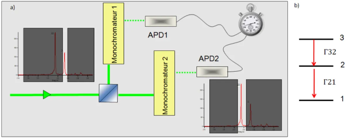 Figure 1.14: a) cross-correlation setup, b) example of model with a 3 levels system