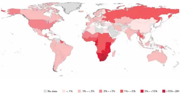 Figure 1.1Diagrammatic representation of the global prevalence of HIV infected adults and  children living with HIV at the end of 2009 (UNAIDS 2011)