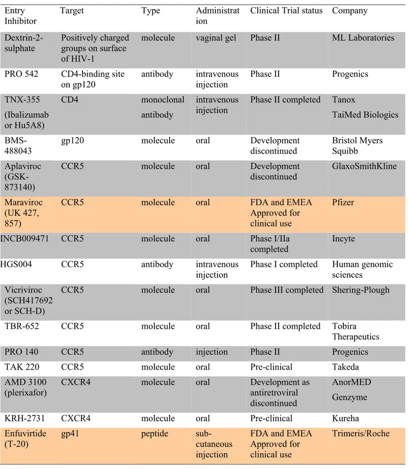 Table 2: Overview of the different HIV-1 Entry Inhibitors (Castagna, Biswas et al. 2005; 
