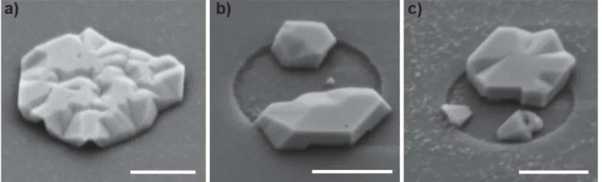 Figure II.11  – Image MEB (45°) de la couche de remplissage (a) avec et (b), (c) sans nettoyage du  masque avec une solution diluée d’HF