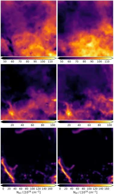 Fig. 12. Spatial power spectrum of the column density. The inter-cloud medium (WNM + LNM) is represented by the orange dotted line  (sim-ulation) and the red line (ROHSA)