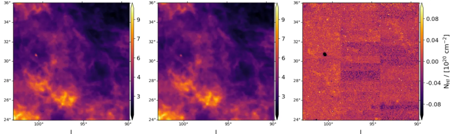 Fig. 14. Left: integrated column density N HI of the NEP field which is part of the GHIGLS survey