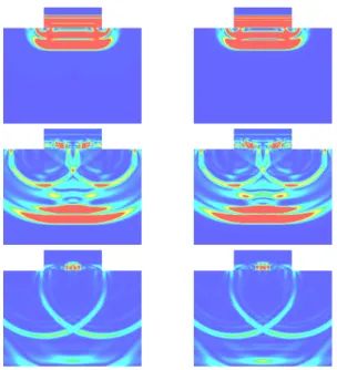 Figure 9 – Instantanés de la norme du déplacement à différents temps (0,92 µs, 2,76 µs et 4,61 µs) : à gauche