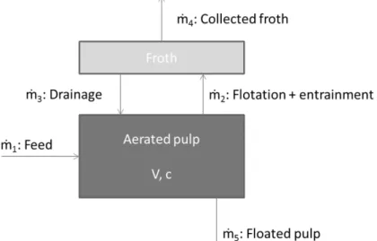 Figure 3 : Schematic representation of mass flows ṁ n  involved in flotation in a two-zone  model