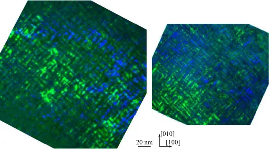 Fig. 2.8 – Compositions d’images en champ sombre d’une vue plane de microscopie ´electro- ´electro-nique en transmission, montrant la superposition des deux variants planaires, pour un d´epˆot effectu´e ` a temp´erature ambiante (` a gauche) et ` a 500 ˚C 