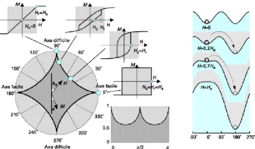 Figure 6  (a) Champ de renversement en fonction de l’angle  θ H  du champ avec la direction de facile aimantation en  représentations polaire (astroïde de Stoner-Wohlfarth) et cartésienne
