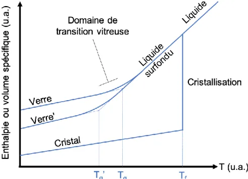 Figure 1.4 : Diagramme schématique de l’évolution de l’enthalpie (ou volume spécifique) en  fonction de la température pour la cristallisation et la transition vitreuse