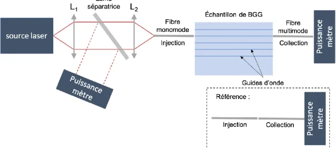 Figure 2.3 : Schéma du montage pour l’injection dans les guides d’onde photo-inscrits et la  mesure des pertes de propagation