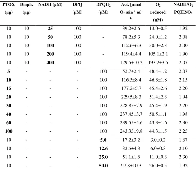 Table 1  PTOX  (µg)  Diaph. (µg)  NADH (µM)  DPQ  (µM)  DPQH 2 (µM) Act. [nmol O 2 min -1  ml  -1 ]  O 2 reduced (µM)   NADH/O 2PQH2/O2 10  10  25  100  -  39.2±2.6  13.0±0.5  1.92  10  10  50  100  -  78.2±5.3  24.0±1.2  2.08  10  10  100  100  -  112.6±6