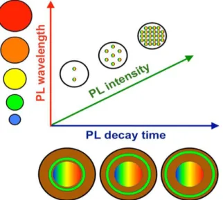 Figure  2.12.  Photoluminescence  multiplexing  in  three  dimensions.  The  combination  of  PL  wavelengths  (e.g.,  from  different  QD  sizes)  with  PL  decay  times  (e.g.,  from  different   LTC-donor to QD-acceptor distances) and PL intensities (e.